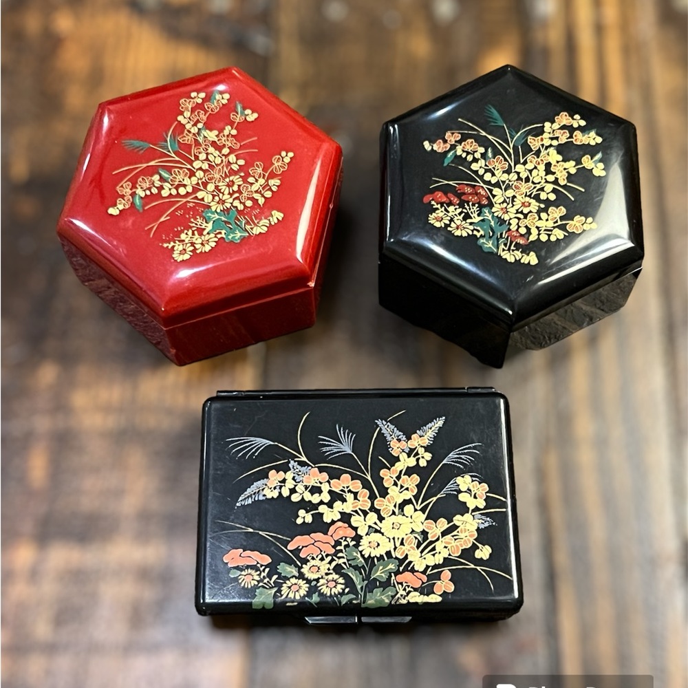 Oriental plastic floral hexagon nesting trinket box's vintage decor pill box